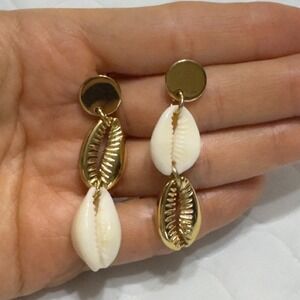 J.Crew Cowrie Shell Drop Dangle Gold Tone Statement Earrings Pierced Stud 2"